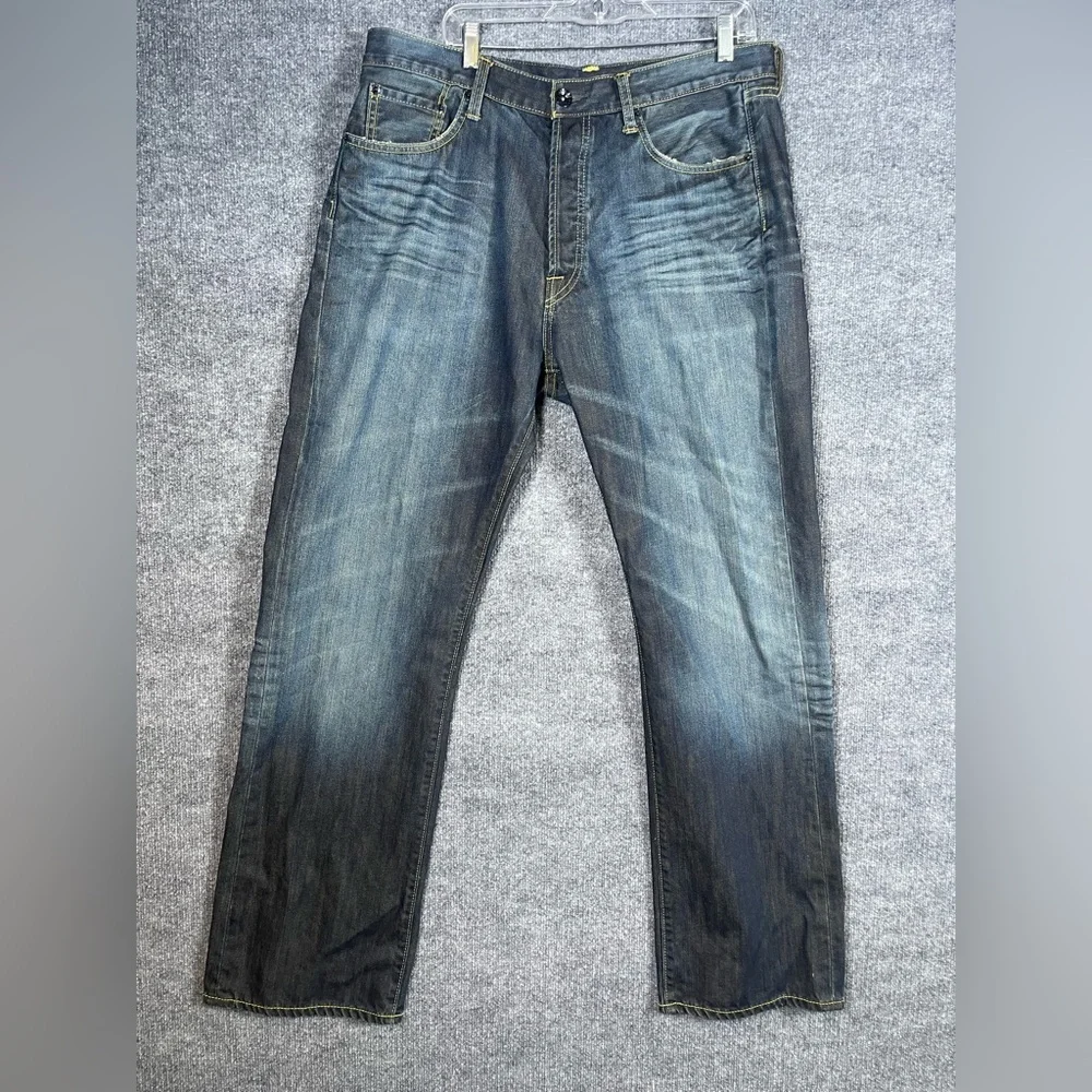 Ed Hardy Mens‎ 36X34  Yellow Logo Dark Wash Denim Distressed Designer Jeans Y2K